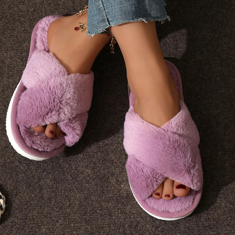 Criss Cross Plush Winter Slippers