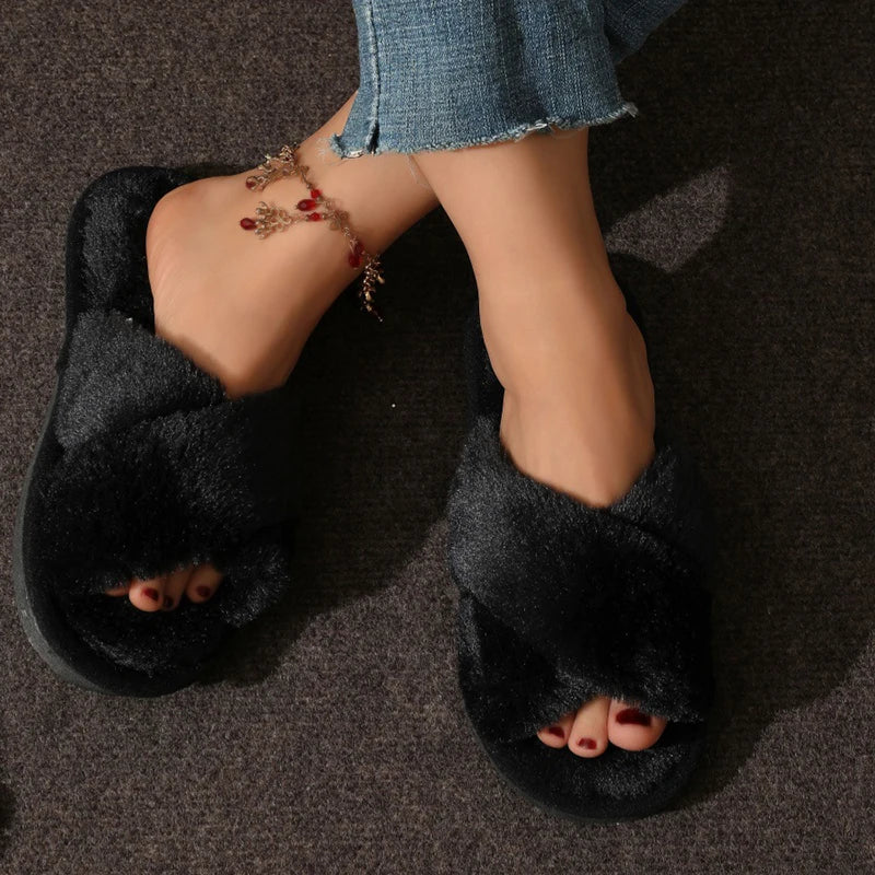 Criss Cross Plush Winter Slippers